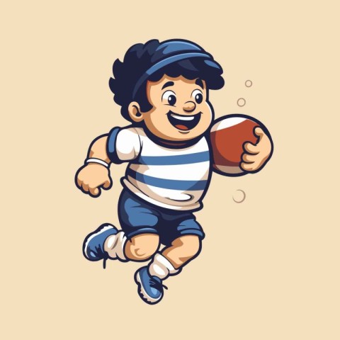 Cartoon little boy running with a rugby ball. Vector illustratio