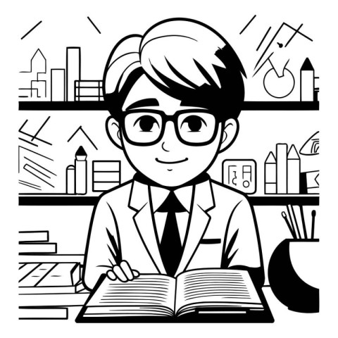 Young man reading a book in the library. Black and white vector