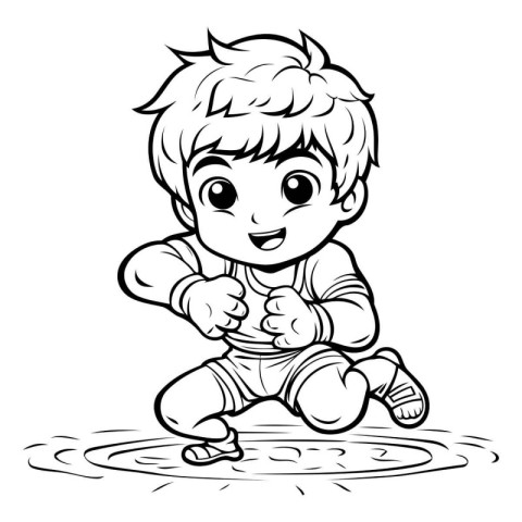 Boy playing with water - Black and White Cartoon Illustration. V