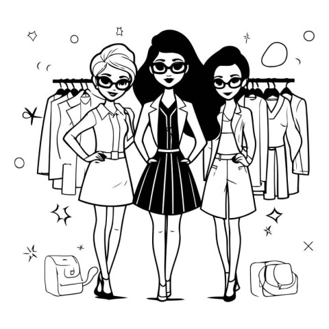 Fashion girls. Black and white illustration of fashion girls. Ve