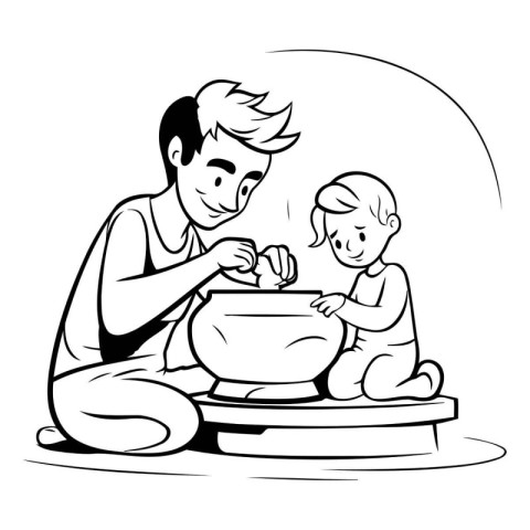 Father and son playing in pottery. black and white vector illust