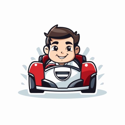 cute little boy driving a race car cartoon vector graphic design