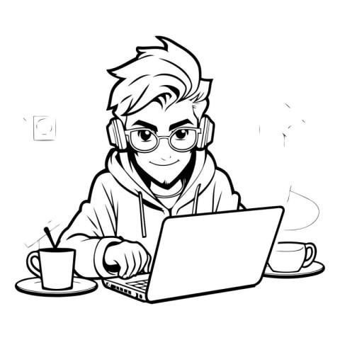 Vector illustration of a young man with a laptop and cup of coff