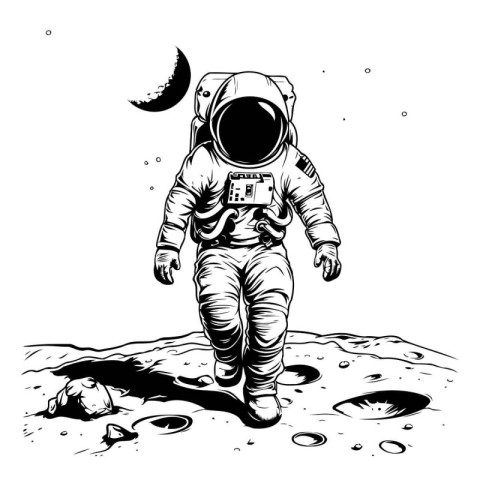 Astronaut on the moon. Black and white vector illustration.