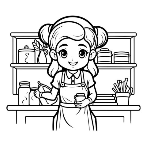 girl in apron holding a cup of coffee