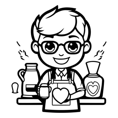 Black and White Cartoon Illustration of Kid Boy Barista Characte