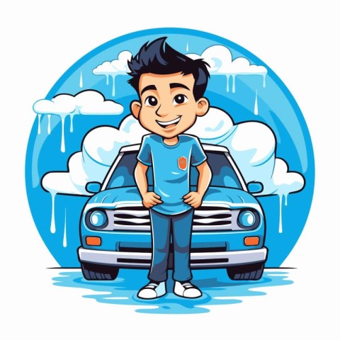 Cute boy with a car in the rain cartoon vector illustration.