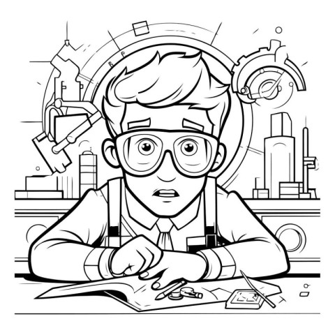 Engineer at work. Vector illustration. Black and white drawing.