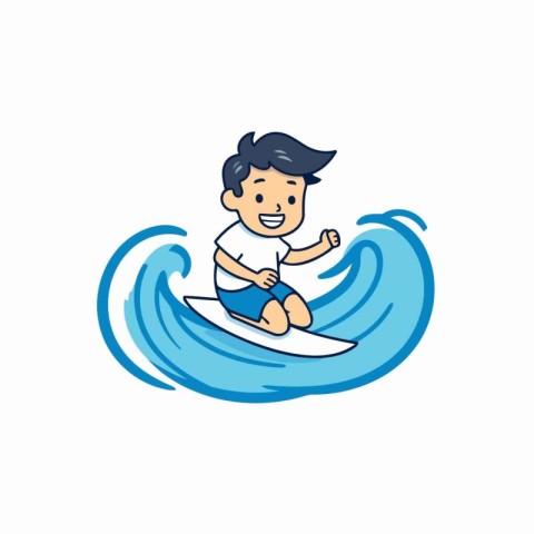 Boy surfing on a wave. Vector illustration in flat cartoon style