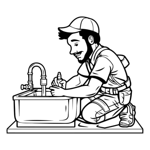 Plumber at work with a sink and tap cartoon vector illustration