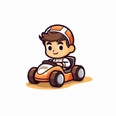 Cute boy driving a race car. Vector illustration in cartoon styl