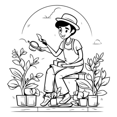 gardener working in the garden. black and white vector illustrat