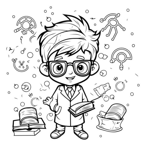 Black and White Cartoon Illustration of Boy Student Reading a Bo