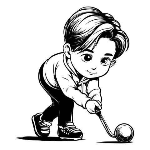 Kid playing golf - black and white vector illustration for your