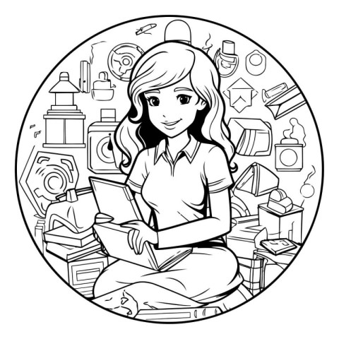 Girl reading a book. Black and white vector illustration for col