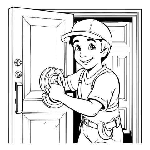 Cartoon illustration of a handyman installing a door handle at h