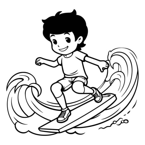 Boy surfing on wave. Black and white vector illustration for col