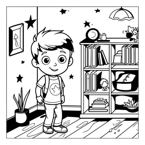 Black and white vector illustration of a cute little boy standin