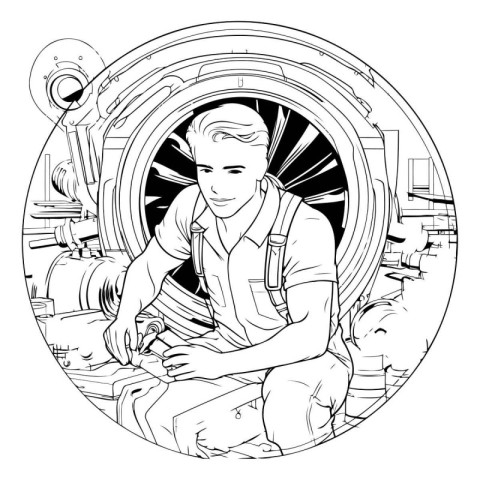 Vector illustration of a mechanic working in the factory. Black