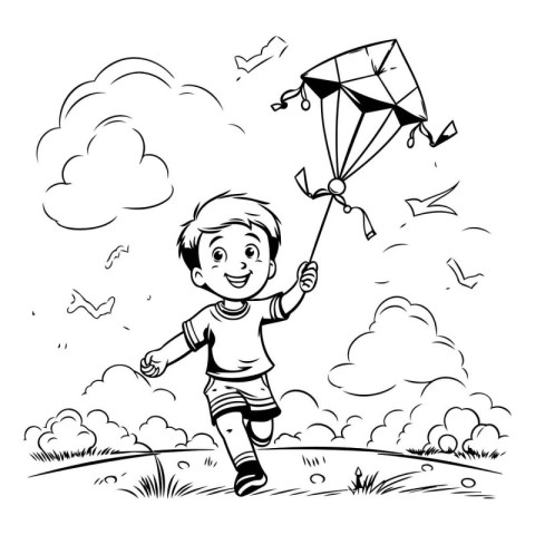 Boy flying a kite in the sky. black and white vector illustratio