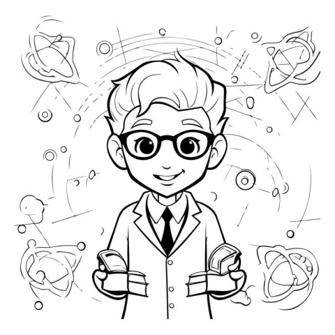 Coloring book for children. Cartoon scientist. Black and white v