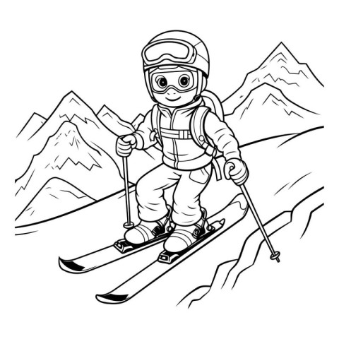 Coloring book for children: skier in the mountains. Vector illus