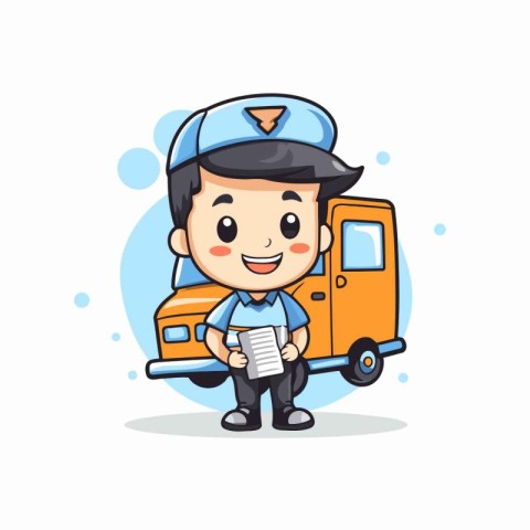 Cute Delivery Boy and Truck Cartoon Character Design Vector Illu