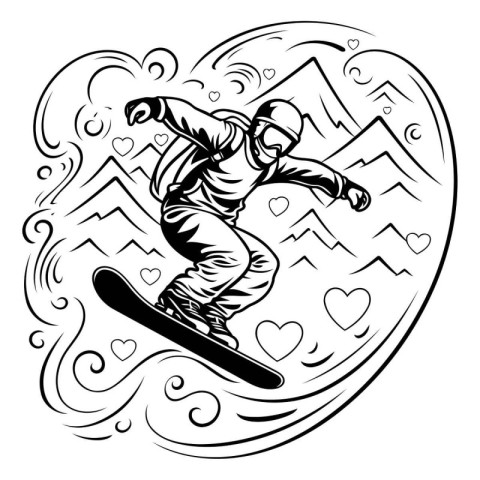 Snowboarder jumping in the air. black and white vector illustrat