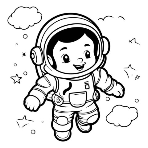 Black and White Cartoon Illustration of Kid Astronaut Character