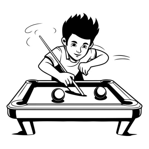 young man playing billiards. black and white vector illustration