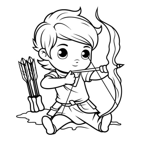 Cupid with bow and arrow. Black and white vector illustration fo