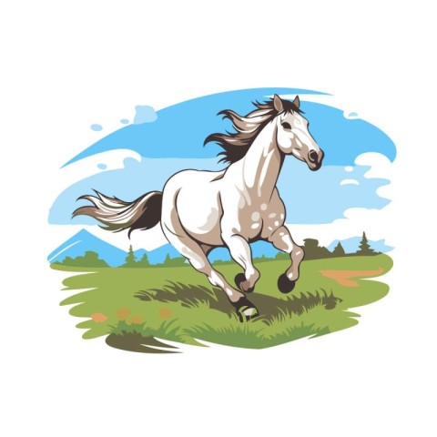 Horse running on green meadow. Vector illustration in cartoon st