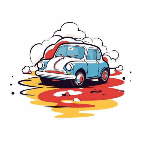 Vector illustration of a cartoon car on a fire. Cartoon style.