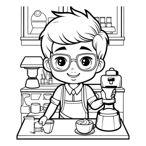 Black and White Cartoon Illustration of Cute Little Boy Barista