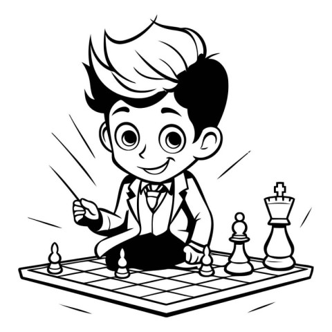 Businessman playing chess. Black and white vector illustration f