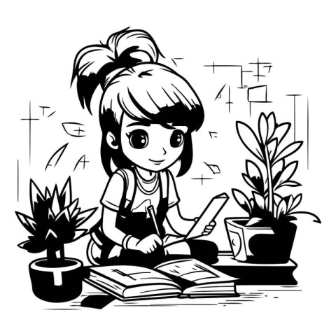 Girl reading a book. Vector illustration in black and white colo