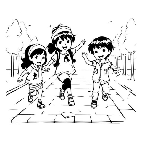 Children running in the park. Vector illustration. Black and whi