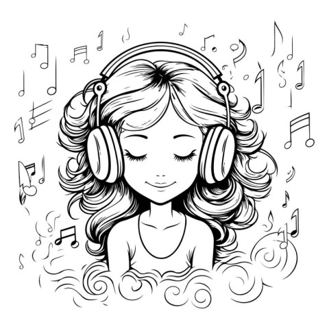 Girl listening to music with headphones. Black and white vector