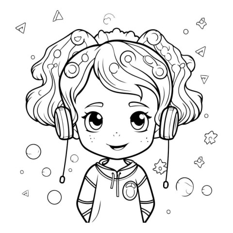 Cute little girl with headphones. Vector illustration for colori