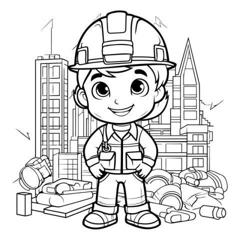 Black and White Cartoon Illustration of Little Fireman or Firefi