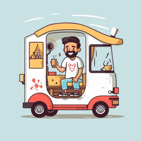 Vector illustration of a man in a van with a food truck.