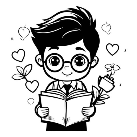 Boy reading a book with hearts around him. Vector cartoon illust