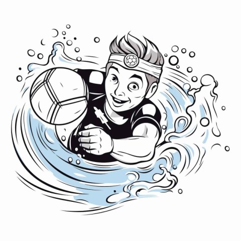 Illustration of a boy swimming in the sea with a soccer ball