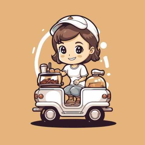 Cute little girl making coffee on the car. Vector illustration.