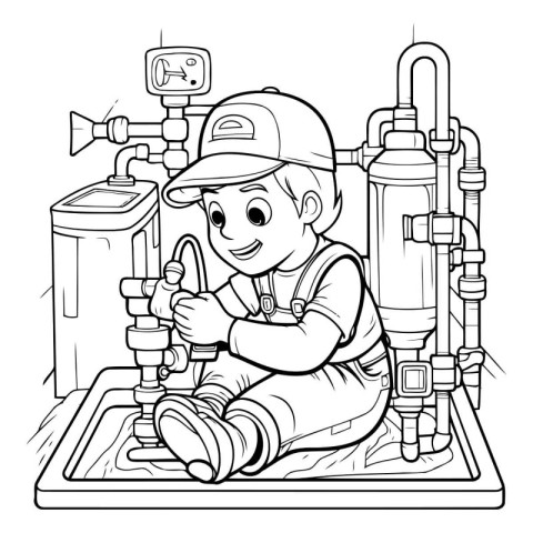 Black and White Cartoon Illustration of Kid Boy Plumber Repairin