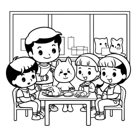 cute little kids with cat in the dining room vector illustration