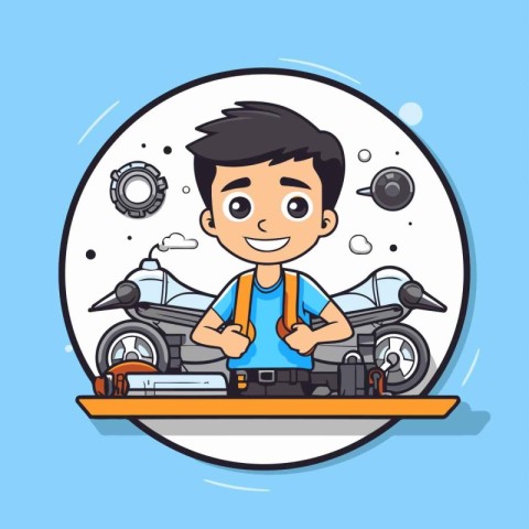 Cartoon man with motorcycle. Vector illustration in flat design