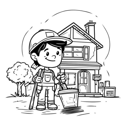 Cartoon illustration of a fireman standing in front of a house