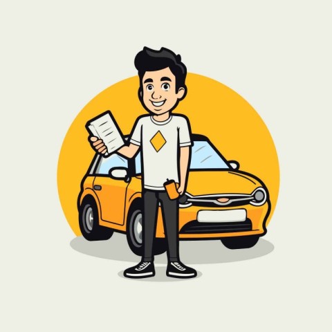 Young man with a car. Vector illustration in flat cartoon style.