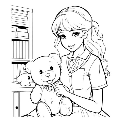 Illustration of a Nurse and a Teddy Bear - Coloring Book